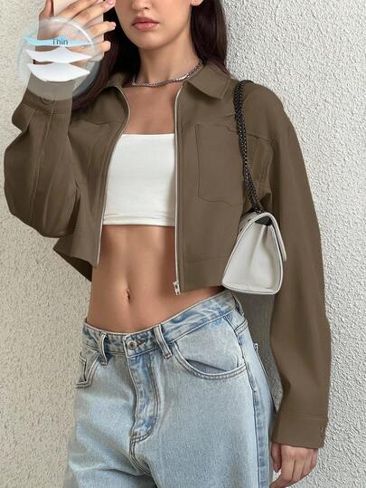 Flirla 女式纯色落肩长袖拉链短款轻便夹克，秋季