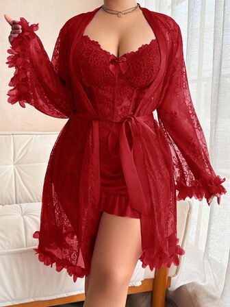 SHEIN 1 Set Plus Size Lace Robe With 3D Floral Decor + Plus Size Lace Camisole Slip Dress With Waist Cinching Design