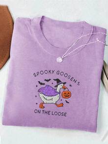 INAWLY Camiseta divertida y linda de mujer con diseño de ganso y calabaza de Halloween - Morado - Ver 1