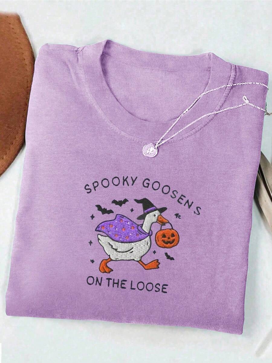 INAWLY Camiseta divertida y linda de mujer con diseño de ganso y calabaza de Halloween - Morado - Ver 1
