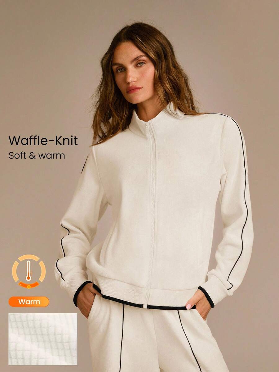 GLOWMODE ChillBound Zip Soft Warm Chill Lightweight Stretchy Waffle-Texture Fleece Ribbed Hem Cuffs Pockets Waist-Length Bomber Jacket Autumn Winter Outdoor Daily Casual - White - View 1