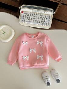 SHEIN Babygirl Cute Versatile Beige Bow Long Sleeve Sweatshirt, Autumn/Winter Baby Girl Sweater Baby Clothes Girl Fall Sweater Baby Girl Clothes Spring Fall Baby Girl Jumper Baby Girl Pink Bows - Pink - View 3