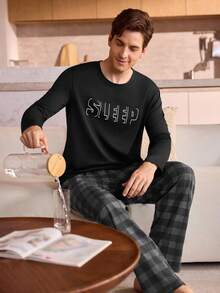 Manfinity Underwear&Sleepwear Basics Camiseta de manga larga negra con gráfico "SLEEP" suave y cómoda para hombres, para otoño e invierno - Negro - Ver 3