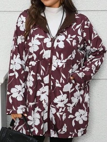 EMERY ROSE 大码女式秋季休闲拉链撞色酒红色花卉印花棕色绒面内里加厚保暖长袖口袋休闲连帽双面风衣，秋冬季，秋季，冬季，复古，外出，2025新款双面印花风衣 - 彩色 - 查看 1