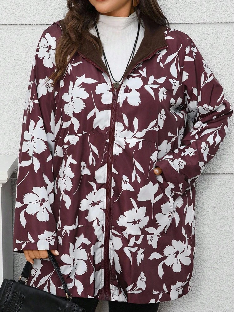 Plus Size Women Autumn Casual Zip-Up Contrast Burgundy Floral Print And Brown Fuzzy Inside Thickened And Warm Long Sleeve Pockets Casual Hooded Reversible Double Sided Trench Coat,Autumn/Winter,Fall,Winter,Vintage,Going Out,Fall,Winter, 2025 New Reversible Floral Print Trench Coat