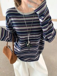 Dazy-Less Autumn New Casual Commuting Striped Women T-Shirt Long Sleeve Top - Blue - View 1