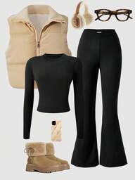 Sparklyn Girls Casual Versatile Vest T-Shirt And Pants Set, Pants With V-Shaped Waistline Design, Vest With Simple Classic Design, Suitable For Autumn/Winter Outings, Walking, Shopping, School, Commuting, And Travel