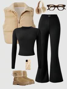 Sparklyn Girls Casual Versatile Vest T-Shirt And Pants Set, Pants With V-Shaped Waistline Design, Vest With Simple Classic Design, Suitable For Autumn/Winter Outings, Walking, Shopping, School, Commuting, And Travel - Khaki - View 1