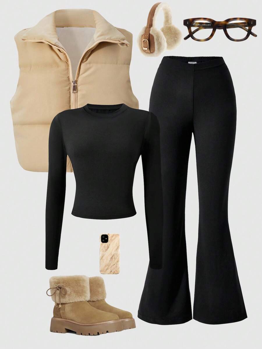 Sparklyn Girls Casual Versatile Vest T-Shirt And Pants Set, Pants With V-Shaped Waistline Design, Vest With Simple Classic Design, Suitable For Autumn/Winter Outings, Walking, Shopping, School, Commuting, And Travel - Khaki - View 1