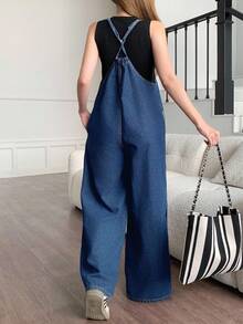 SHEIN 2025 新款亚麻休闲度假纯色百搭连体裤，适合少女，春夏季，修身青春，宽松版型，侧袋，露背，高腰阔腿裤，适合夏季家庭出游，商务休闲女士 - 中等水洗藍 - 查看 2