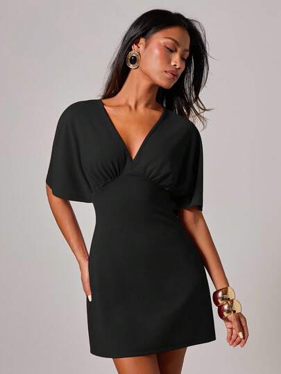 COSMINA Women's Solid Color V-Neck Batwing Short Sleeve Fashionable Mini Dress