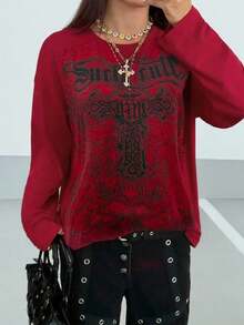 StreetHx 女士哥特印花宽松休闲暗黑街头风圆领薄款长袖T恤，秋冬图案T恤，春季女式上衣 - 酒紅色 - 查看 3