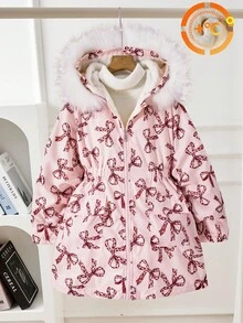 SHEIN 女童连帽毛领棉服，时尚休闲百搭通勤装，适合秋冬外出、购物、旅行，可搭配牛仔裤、运动裤、连帽衫 - 粉色 - 查看 4
