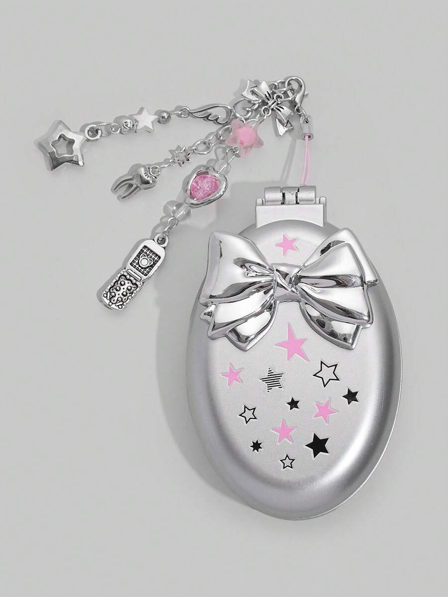 ROMWE Kawaii 1 件可爱蝴蝶结折叠梳子和镜子套装，返校气囊梳，DIY 便携式梳子镜子 - 淺灰色 - 查看 1