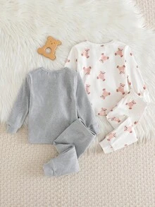 Cozy Pixies Bộ đồ ngủ 4 món cho bé gái, áo len cổ tròn tay dài in họa tiết động vật hoạt hình và quần dài cạp chun co giãn vừa vặn - Nhiều màu - Xem 2