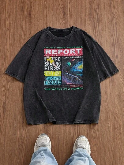 Manfinity VCAY 男士标准尺码休闲短袖字母图案黑色T恤，情侣装