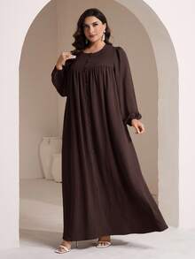 Veilorie 大码女式纯色前扣阿拉伯风格连衣裙 - 咖啡棕 - 查看 6