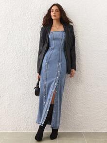 Selenza 女式双排扣长款休闲时尚牛仔连身裤 - 藍色 - 查看 1