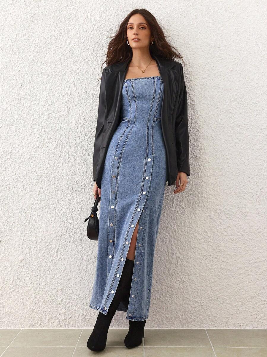 Selenza 女式双排扣长款休闲时尚牛仔连身裤 - 藍色 - 查看 1