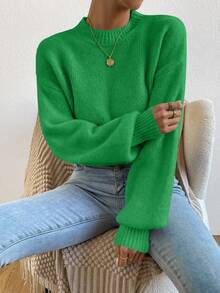EMERY ROSE Women's Green Round Neck Lantern Sleeve Wool Blend Pullover Sweater - Green - View 5