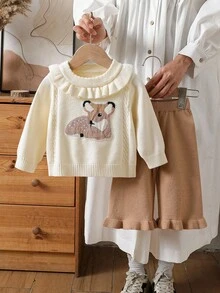 SHEIN 女婴休闲鹿图案毛衣和裤子套装 - 卡其色 - 查看 4