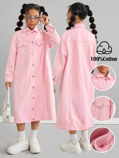 SHEIN 女孩粉色牛仔翻领长袖长夹克