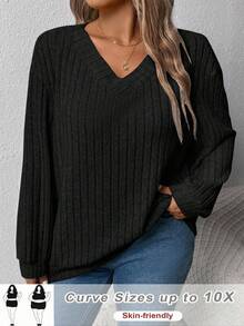 SHEIN CURVE+ 女式V领休闲宽松运动衫、外套 - 黑色 - 查看 1