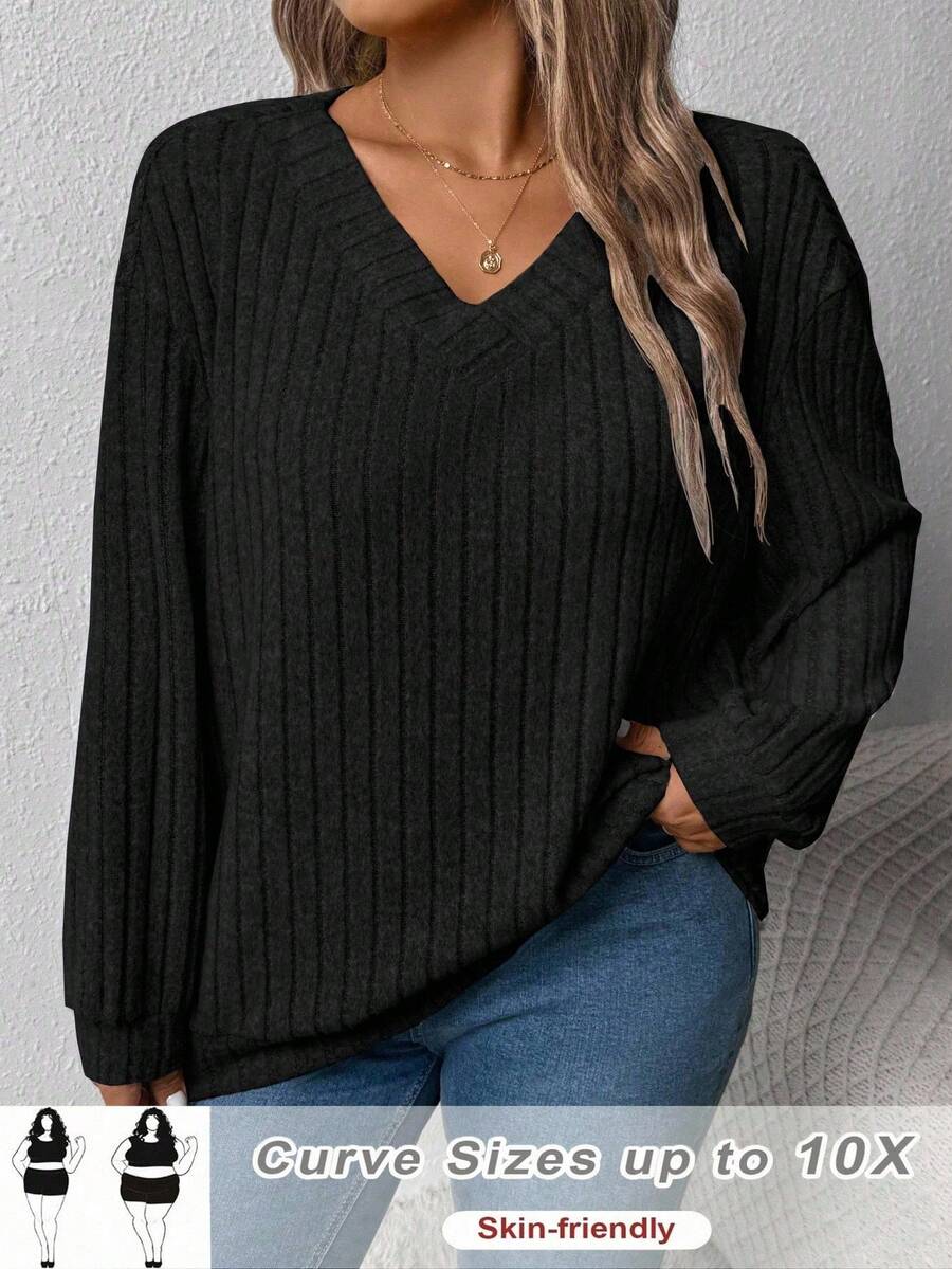 SHEIN CURVE+ 女式V领休闲宽松运动衫、外套 - 黑色 - 查看 1