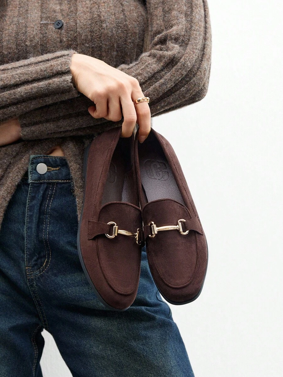 CUCCOO BIZCHIC Women's Brown Suede Slip-On Loafers With Gold Buckle, Comfortable For Christmas Spring Shoes - Brown - View 1