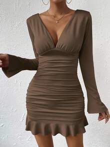 Chiquease 棕色性感 V 领长袖褶皱绒布连衣裙、连衣裙、高雅连衣裙、舞会礼服、狂欢节服装、街头服饰、音乐会服装、俱乐部服装、约会之夜服装、女士生日服装、秋冬连衣裙、万圣节连衣裙、派对必备、连衣裙 - 咖啡 - 查看 4