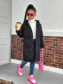 SHEIN Abrigo acolchado largo y cálido con patrón de diamantes básico informal para niñas preadolescentes, adecuado para otoño/invierno