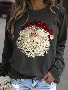 EMERY ROSE Kaos Wanita Ukuran Besar Motif Santa Claus Leher Bulat Lengan Panjang Kasual Longgar, Natal - Dark Grey - View 1