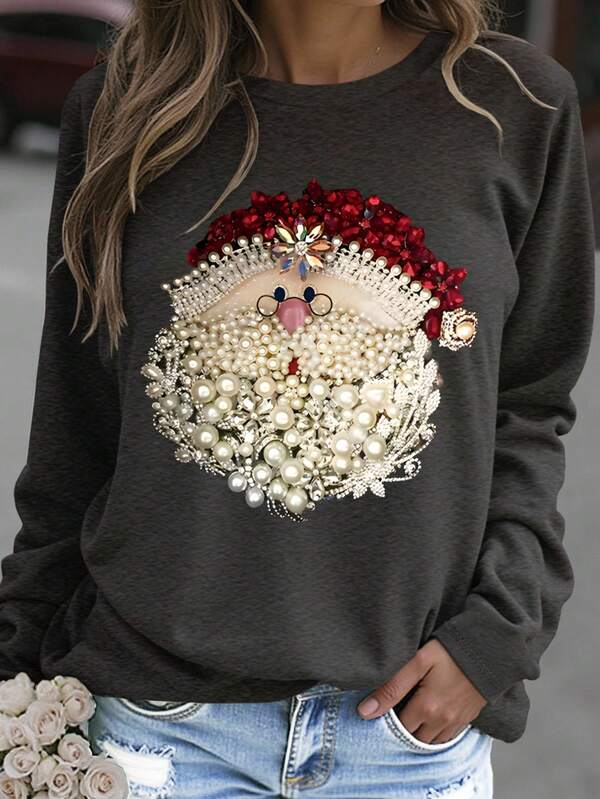 EMERY ROSE Plus Size Women Santa Claus Print Round Neck Long Sleeve Casual Loose T-Shirt, Christmas