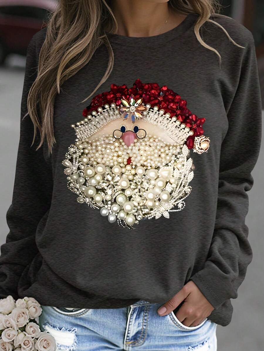 EMERY ROSE Kaos Wanita Ukuran Besar Motif Santa Claus Leher Bulat Lengan Panjang Kasual Longgar, Natal - Dark Grey - View 1
