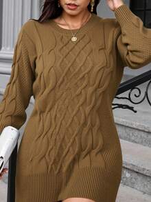 Easura Plus Cable Knit Sweater Dress, For Winter Fall Cloth For Women - Khaki - View 4
