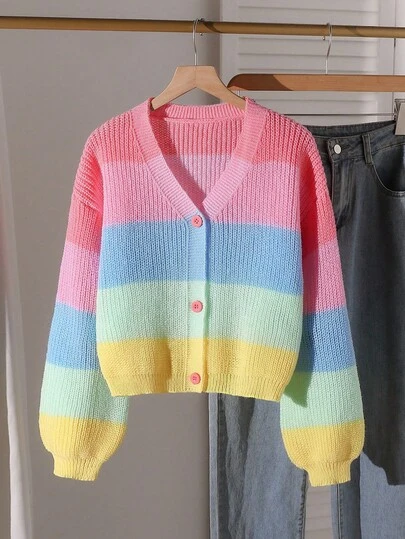 SHEIN Teen Girl Rainbow Color Block Casual Stylish Fitted Knit Cardigan Sweater, Autumn/Winter Girl Cardigan Sweater Children Cardigan Cute Cardigan Young Girls Cardigan Big Girl Knit Cardigan Fall Young Girl Cardigan Teen Women Sweater Knit Sweater Long Sleeve Top For Teen Sweaters For Teens Tween Girl Clothes Sweaters Ribbed Knit Sweater