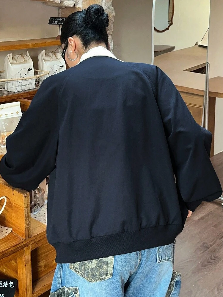 Dazy Plus Fashionable Embroidered Pattern Loose Contrast Color Patchwork Street Style Jacket For Plus Size Women, Spring/Autumn Women Coats