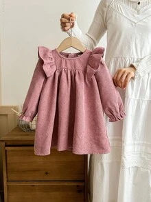 SHEIN Baby Girl Cute Corduroy Loose Ruffled Hem Pink Long Sleeve Dress Fall Winter - Pink - View 8