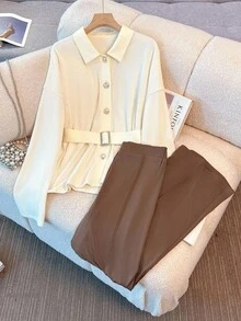 Franclia 女士优雅知性长袖开衫和裤子两件套，秋冬时尚穿搭 - 杏色 - 查看 4