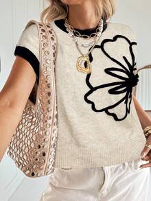 Siren Gaze Suéter casual de punto con bloques de color para mujer, minimalista y de moda, para uso diario. Blusa de punto con estampado floral hecho a mano para mujer. Chaleco de punto casual. Ropa de mujer para todas las estaciones, que se puede usar como prenda exterior o interior, adecuada para el uso diario.