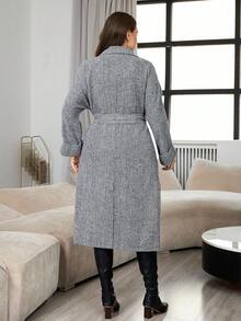 Modelyn 大码女式时尚休闲腰带翻领羊毛大衣 - 淺灰色 - 查看 4