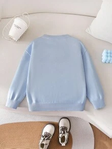 年轻女孩的新款秋冬款式，时尚 3D 手工蝴蝶结，长袖，宽松，百搭，优雅，可爱设计女孩针织套头衫 - 藍色 - 查看 2