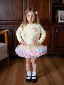 Sparklyn Young Girl Floral Pattern Crew Neck Sweater, Autumn/Winter Fall Girl's Single Sweater Top, Excluding Skirt - Beige - View 6