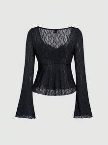 Sweetra Women's Y2K Bowknot Textured Flare Sleeve Top - Black - View 2