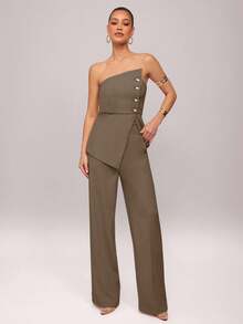 Conjunto de top bandeau asimétrico y pantalones de moda para el día a día - Marrón 2 - Ver 7