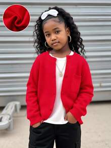 年轻女孩开衫百搭女孩秋冬新款针织长袖开衫毛衣带大口袋，宽松柔软的针织外套适合日常穿着和度假场合 - 紅色 - 查看 3