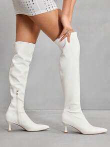CUCCOO SZL 女士秋冬新款白色时尚超高过膝靴，百搭尖头小猫跟优雅简约弹力过膝靴 - 白色 - 查看 4
