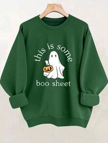 EMERY ROSE Áo nỉ cổ tròn dáng rộng in hình ma Halloween cỡ lớn dành cho nữ - Màu xanh lá cây đậm - Xem 3