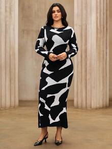 Roveilla Robe moulante en tricot à manches longues élégante pour femmes grandes tailles, convient pour le travail - Noir - Voir 4