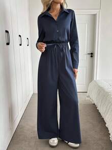 Easowa 女士休闲宽松优雅连体裤，翻领，纽扣，抽绳腰部，长袖，阔腿裤，适合通勤